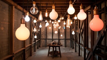 Vintage room with lightbulbs of different colors and shapes hanging from ceiling