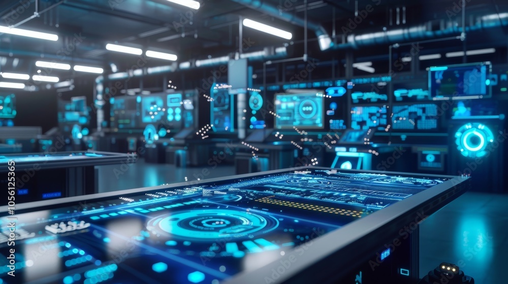 Poster futuristic command center showing interactive data on transparent tables and multiple screens displa