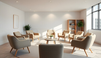 Background image of empty psychologists office with cozy chairs in circle as support group concept isolated with white highlights, png