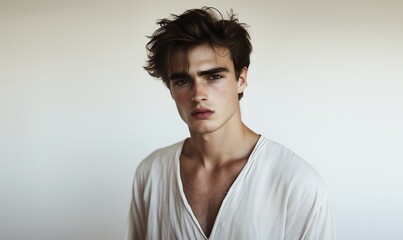 Obraz premium Young Man With Tousled Hair Poses in a White Shirt Against a Simple Beige Background in a Minimalist Setting