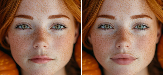 Cropped shot of young redhead woman's face with lips before and after lip enhancement. Injection of filler in lips. Fall theme.