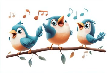 Fototapeta premium Cute cartoon birds singing on a branch, wall stickers on a white background, 