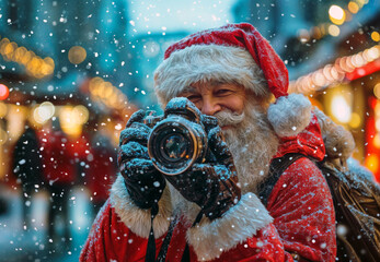 Santa claus taking pictures with a vintage camera at a christmas market during a beautiful snowfall