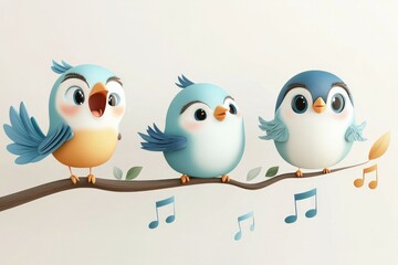Obraz premium Cute cartoon birds singing on a branch, wall stickers on a white background, 