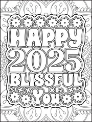 Happy New Year Quote Coloring Page for Adults. New Year Mandala Quote Coloring Page.