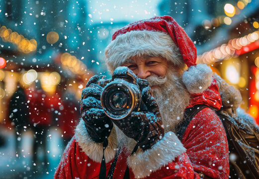Santa claus taking pictures with a vintage camera at a christmas market during a beautiful snowfall
