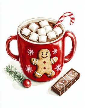 recommend clip art: Cute Christmas clip art, hot cocoa with marshmallows and a chocolate bar in a red mug decorated with a gingerbread man