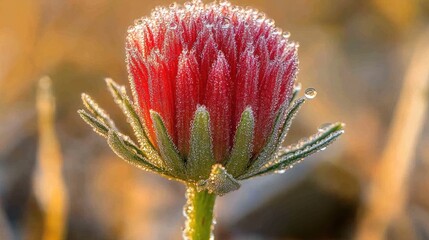 Fototapeta premium A single, dew-covered, red flower bud stands tall against a soft, golden background.