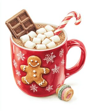 recommend clip art: Cute Christmas clip art, hot cocoa with marshmallows and a chocolate bar in a red mug decorated with a gingerbread man