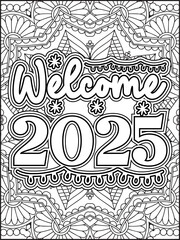 Happy New Year Quote Coloring Page for Adults. New Year Mandala Quote Coloring Page.