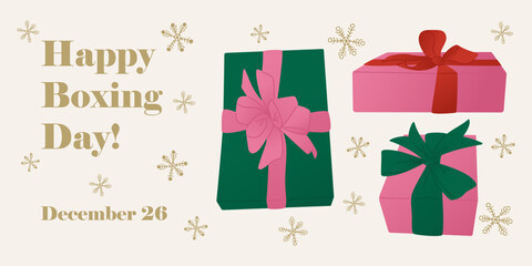 Banner Illustration celebrating Boxing Day with wrapped gift boxes and snowflake designs on light background with text Happy Boxing Day. Vector hand drawn composition