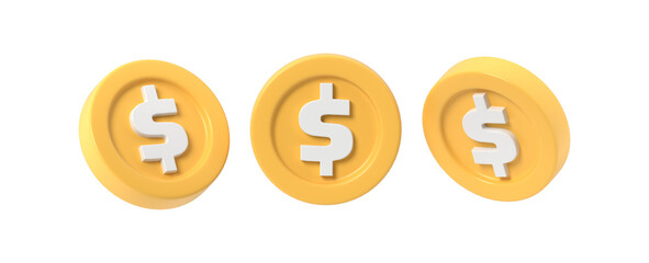 A rotating set of 3d render  golden dollar coins with realistic lighting and shadows, symbolizing money and financial success. Simple cartoon design for a lively, impactful look.