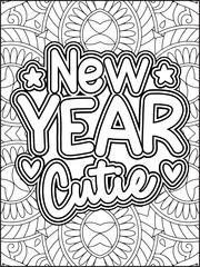 Happy New Year Quote Coloring Page for Adults. New Year Mandala Quote Coloring Page.