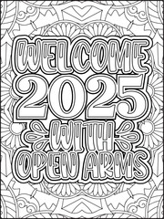 Happy New Year Quote Coloring Page for Adults. New Year Mandala Quote Coloring Page.