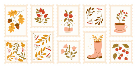 Vintage postage stamps with autumn leaves and berries set for letters and scrapbooking decor