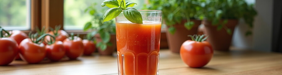 Fototapeta premium Fresh tomato juice with basil in glass on wooden table