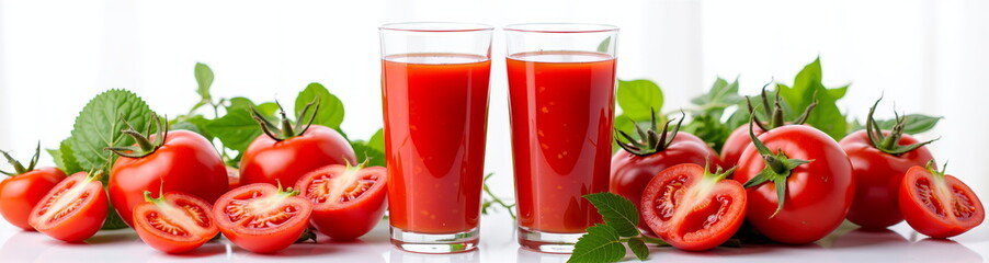 Fresh tomatoes and glasses of tomato juice on white