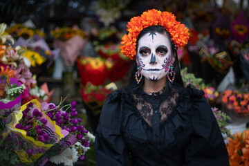 Mexican Catrina with Marigold Crown, Facing Camera..