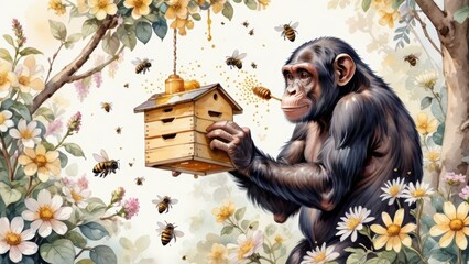 Chimpanzee Beekeeper Holding a Beehive with Bees and Blossoms
