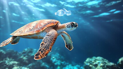 Fototapeta premium A graceful sea turtle glides through the clear blue ocean waters, showcasing its intricate shell patterns and vibrant marine surroundings.