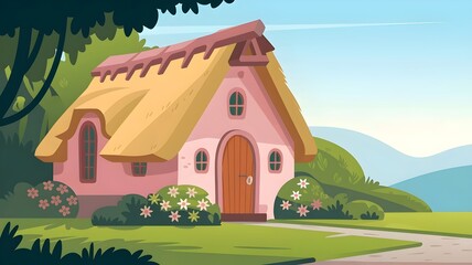 Naklejka premium Pink cottage with thatched roof and flowers in lush garden with hills