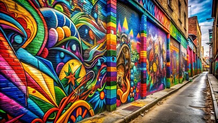 Fototapeta premium Vibrant street art mural, colorful urban design, creative expression on walls, city alleyway