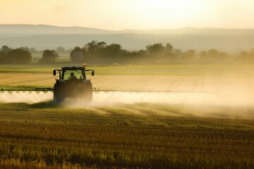 Fototapeta premium Tractor sprays water on crops during golden hour