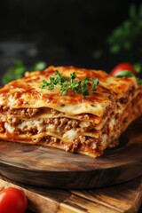 Delicious Homemade Lasagna Served on a Wooden Board With Fresh Herbs and Tomatoes Garnishing the Dish