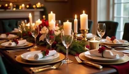 Fototapeta premium Elegant holiday table arrangement featuring candlelit centerpieces with gold accents and luxurious dinnerware for a festive celebration.
