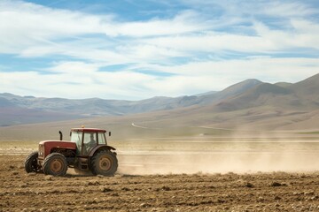 Obraz premium Tractor plowing in a vast desert landscape under a clear sky