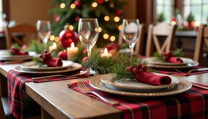 Cozy Christmas table setting with a plaid tablecloth wooden accents and holiday-themed decor for a warm festive meal.