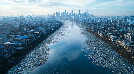 Fototapeta premium Aerial view of a polluted river surrounded by urban buildings, showcasing waste accumulation amid a city skyline under cloudy skies.