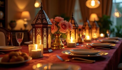 Ramadan dinner table setting with lanterns elegant dinnerware and traditional festive decor for a cultural celebration.