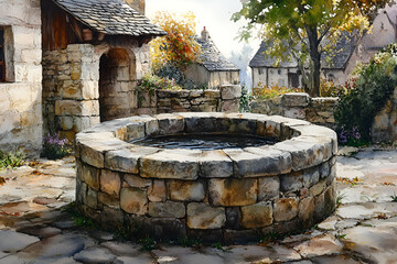Fototapeta premium A rustic stone well surrounded by charming cottages and autumn trees in a serene village setting.