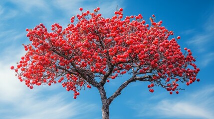 A single tree with red berries stands out against a blue sky with white clouds.