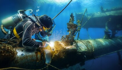 Professional underwater welder working underwater