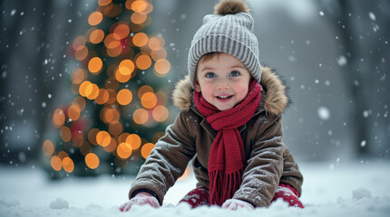 Magical Christmas Moments: Child Enjoying Snow Play with Festive Lights and Winter Wonderland Scene