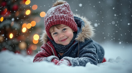 Magical Christmas Moments: Child Enjoying Snow Play with Festive Lights and Winter Wonderland Scene