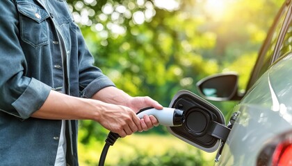 Fototapeta premium Hand Inserting EV Charging Plug into Electric Vehicle - Focused Shot with Blurred Background