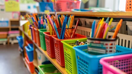 Colorful pencils and markers are neatly organized in plastic containers on a shelf, creating a cheerful and stimulating environment for young learners