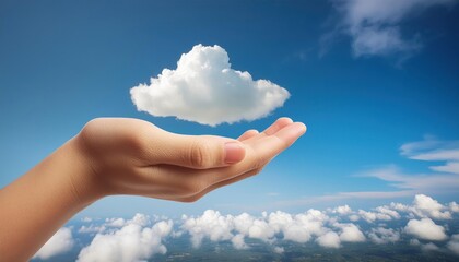 Realistic Artwork of a Cloud Being Held in a Hand in the Sky
