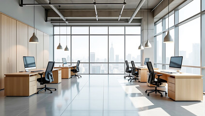 Empty office space with blank wall and modern workstations. 3D Rendering, Modern office interior, open plan workspace