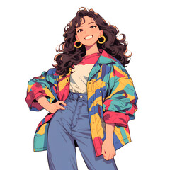 Smiling woman with long brown hair wearing a colorful jacket and blue jeans, standing against a white background.