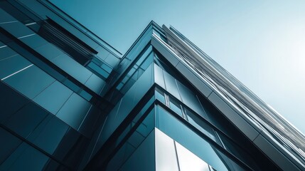 Midday sun on a futuristic office building, highlighting its metallic details and sharp architecture, shadows cast across its angled design.