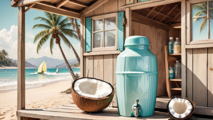 Coconut Water Dispenser at a Beach Hut with Sailboats