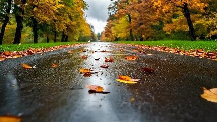 Fallen leaves litter a wet road in a park on a rainy autumn day - Powered by Adobe