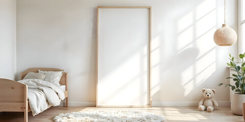 Mock up frame in minimalist Scandinavian children's bedroom with wooden toys template