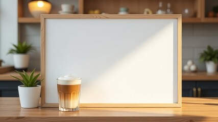 A clean white board for text with coffee standing nearby in a chic cozy cafe