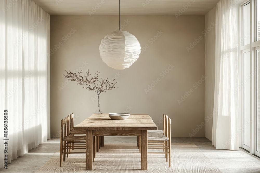 Sticker scandinavian dining room, a nordic style dining space with a wooden table, chic chairs, and a striking pendant light, accentuated by a tidy layout and calming neutral hues