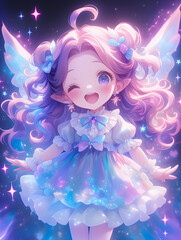 A cheerful fairy girl with pink hair and blue eyes smiles brightly, surrounded by twinkling stars and magical light.